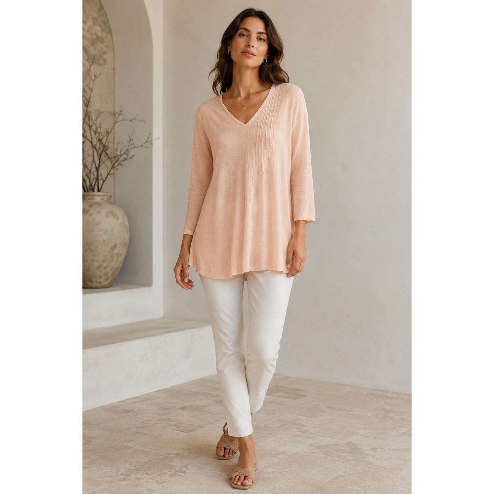 J Jill Love Linen Pintuck Tunic Top Womens M Peach 3/4 Sleeve Coastal‎ Lagenlook